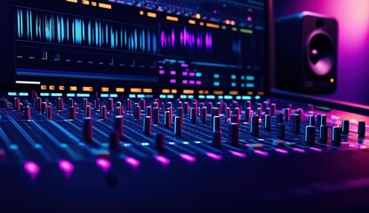 Close-up of a digital audio workstation with colorful sound mixing console and studio speakers