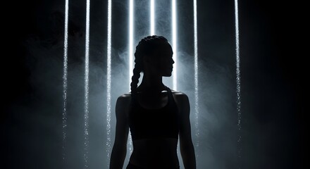 Strong Woman Silhouette in Dark Gym with Glowing Lights and Smoke