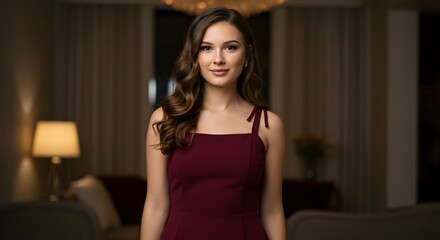 Elegant Brunette Woman in Red Dress Portrait at Home
