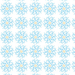 Seamless pattern of elegant blue flowers with golden centers arranged on a white background