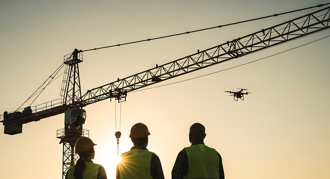 Construction Site Inspection: Crane, Drone, and Crew at Sunset