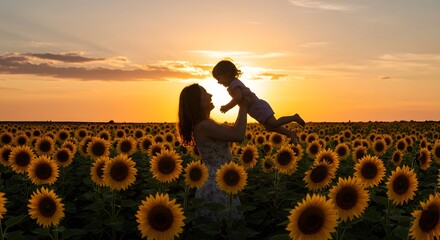 Mother and Child Playing in Sunflower Field at Sunset - Happy Family Moments
