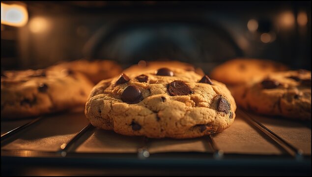 Close Up Of Freshly Baked Chocolate Chip Cookies On Cooling Rack