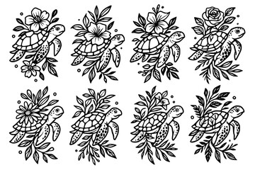 set of turtle and flower