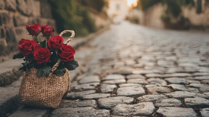 Vintage styled cupid delivering roses on a bicycle through cobblestone streets, oldworld romance charm