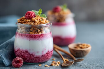 A delightful raspberry yogurt parfait with granola, served in a glass jar for a treat.