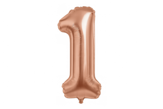 Rose gold metallic numeral balloon floating against transparent backdrop, celebrating milestone event with festive one-shaped design