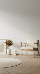 Minimalist living room corner featuring a white armchair, decorative vases, framed botanical artwork, and a neutral-toned rug creating a calm, elegant atmosphere