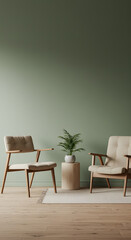 Minimalist living room with two beige armchairs, a potted plant on a wooden stand, soft lighting, and a neutral rug creating a calm, modern ambiance