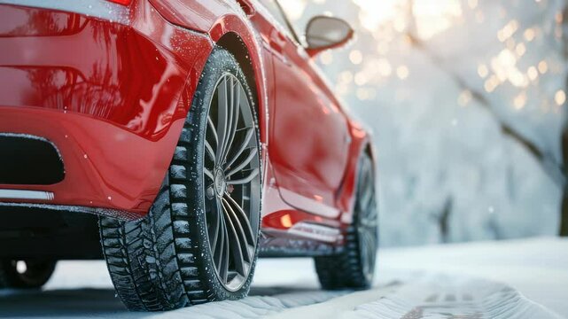 A bright red vehicle is driving snowy road. It is bright, sunny day snow falling , trees lining road background, emphasizing vehicle's ability navigate winter conditions.