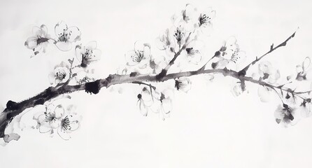 Elegant Cherry Blossom Branch Ink Painting