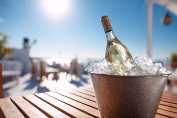 A bottle of chilled white wine rests in an ice bucket on a wooden table under the summer sun.