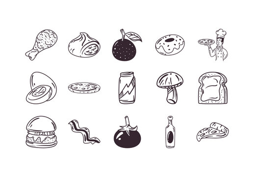 Black And White Food Doodle Snack Hand Drawn Illustrations Set