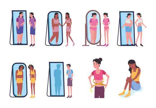 Colorful Women Anorexia Eating Disorder Female Illustrations Set