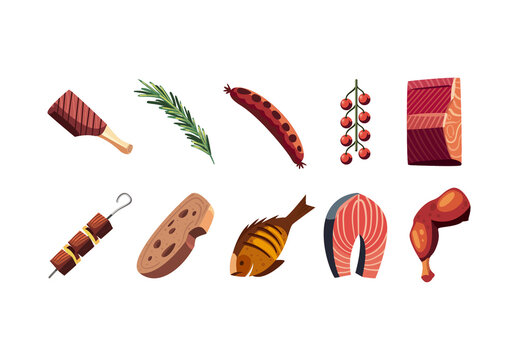 Colorful Bbq Meal Grill Barbecue Food Illustrations Set