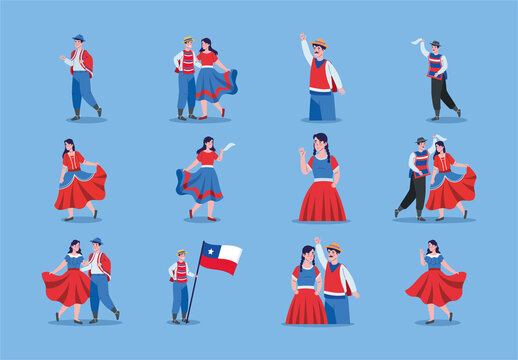 Red And Blue Chile Dancer Traditional Chilean Folk Festival Illustrations Set