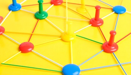 Colorful Push Pins and Strings on Yellow.