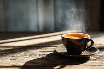 A steaming cup of espresso sits on a wooden table, casting a warm morning glow.