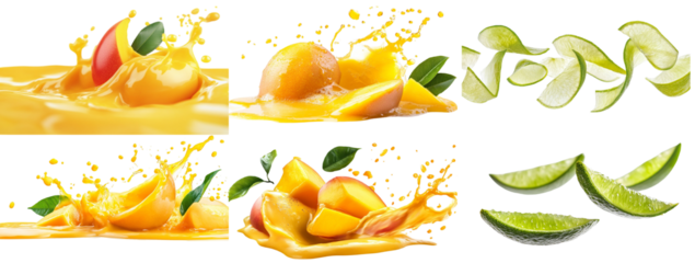 A collage of mangoes and limes with juice splashes and lime peels on a black background layout