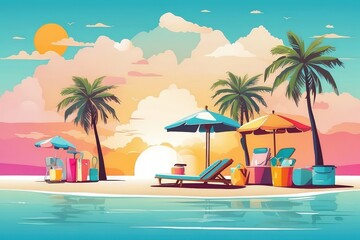 Fototapeta premium Summer Vacation Beach Illustration — Flat Vector with Palm Trees, Coconut Drink, and Sunset