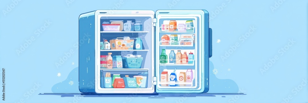 Poster open freezer filled with organized food items and clear labels in a bright, inviting design for easy