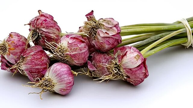 Freshly Harvested Garlic Bulbs with Green Stalks on a White Background