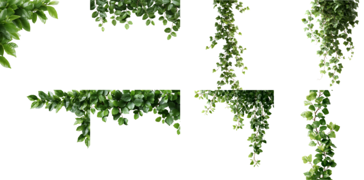 Isolated greenery foliage arrangement on a black background showing various leaf arrangements and sizes