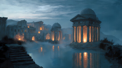 fantasy novel illustration | temporal fusion | gentle nostalgia | moonlit blues and ambers | epic panorama | forgotten temples | realistic texture buildup | grisaille underpainting | alternate