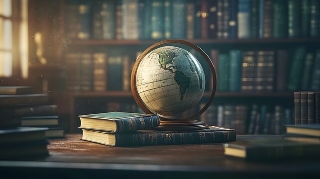 Vintage globe resting on a stack of antique books in a dimly lit library.