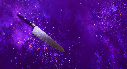 Chef's knife with a purple handle floating against a vibrant purple and white speckled background