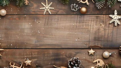 Festive holiday flat lay on a rustic wooden background featuring pine cones, ornaments, fir sprigs, wooden reindeer, snowflakes and stars, some scattered flakes, warm, inviting setting. - Powered by Adobe