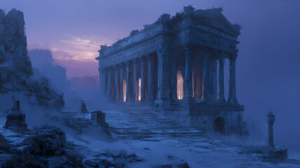 fantasy novel illustration | temporal fusion | gentle nostalgia | moonlit blues and ambers | epic panorama | forgotten temples | realistic texture buildup | grisaille underpainting | alternate