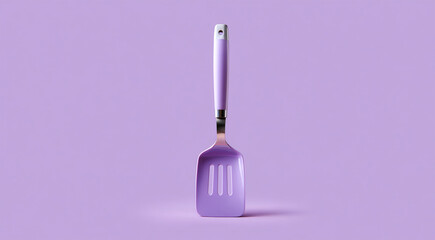 A single purple spatula standing upright against a matching purple background in a studio setting