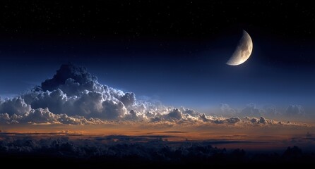 Night Sky Panorama With Crescent Moon And Dramatic Clouds