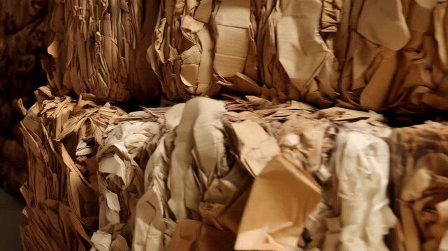 Stacked bales of brown recycled paper at a paper mill ready to be reprocessed and made into new paper, offering a sustainable waste management solution.