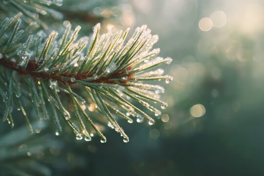 A close up of a frosted pine branch with delicate water droplets in the morning light.
