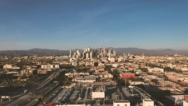4K drone Video of downtown Los Angeles during sunset as a stablishing shot 4K