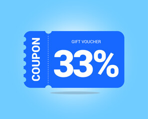 33% coupon promotion sale. Thirty three percent Vector Gift Voucher. Blue discount, lucky ticket, special offer promo. Web, shopping label, percent sign. Special price offers.