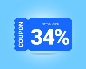 34% coupon promotion sale. Thirty four percent Vector Gift Voucher. Blue discount, lucky ticket, special offer promo. Web, shopping label, percent sign. Special price offers.