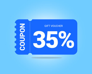35% coupon promotion sale. Thirty five percent Vector Gift Voucher. Blue discount, lucky ticket, special offer promo. Web, shopping label, percent sign. Special price offers.