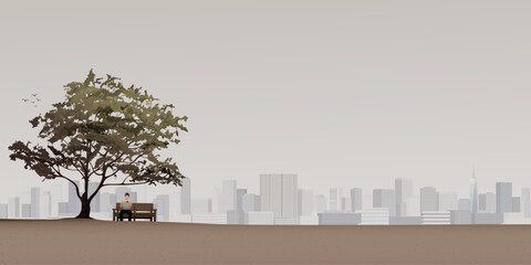 Minimalist landscape with silhouette of man using smartphone sitting on the bench under the tree have skyscrapers far away graphic illustration.
