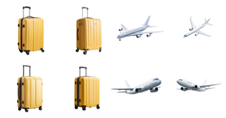 A collage featuring yellow suitcases and airplanes on a black background in a travel themed image