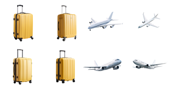 A collage featuring yellow suitcases and airplanes on a black background in a travel themed image