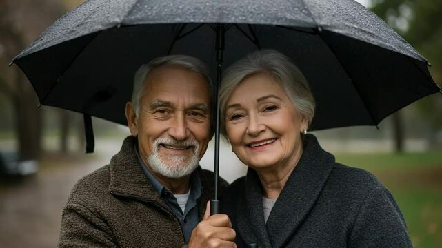 Senior Couple Smiling Under Umbrella in Rainy Park Setting