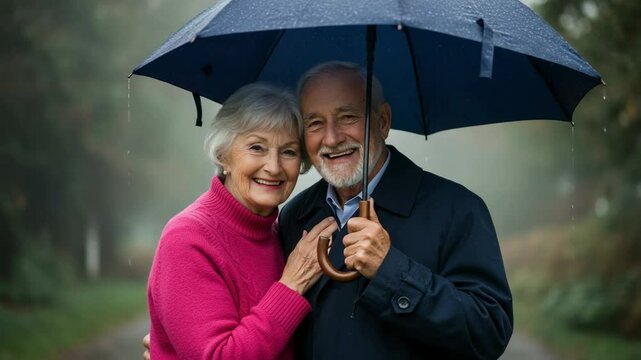 Happy Senior Couple Embracing Under Umbrella in Rainy Outdoor Setting