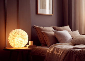Illuminated feather lamp on bedside table in a cozy bedroom with pillows and artwork on the wall