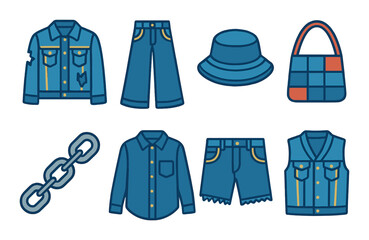 Denim fashion flat icon set featuring apparel and accessories symbols