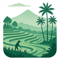 Terraced Rice Fields with Farmer and Mountain - Southeast Asia Vector Art