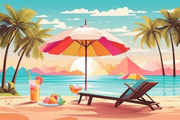 Obraz premium Summer Vacation Beach Illustration — Flat Vector with Palm Trees, Coconut Drink, and Sunset