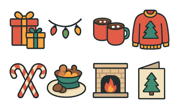 Holiday celebration flat icon set for festive and winter season scenes